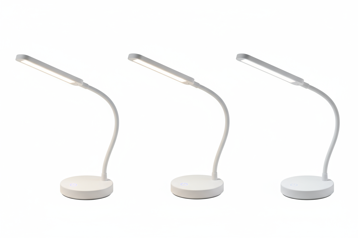 A modern LED desk lamp with flexible gooseneck, touch control base, USB rechargeable, showing three brightness levels, white and sleek design, professional product photography on white background