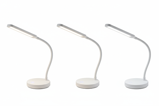 A modern LED desk lamp with flexible gooseneck, touch control base, USB rechargeable, showing three brightness levels, white and sleek design, professional product photography on white background