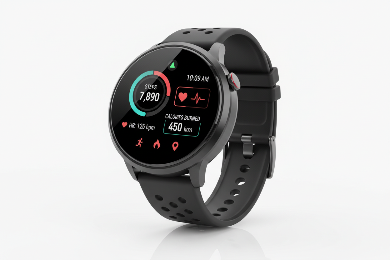A modern smartwatch with AMOLED display showing fitness data, sleek black design, sport band, fitness tracking features visible on screen, professional product photography on white background