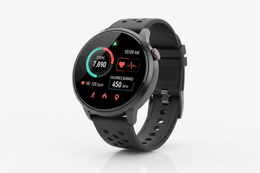 A modern smartwatch with AMOLED display showing fitness data, sleek black design, sport band, fitness tracking features visible on screen, professional product photography on white background