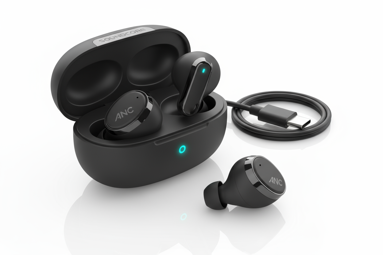 Premium wireless Bluetooth 5.3 earbuds with charging case, active noise cancellation, sleek black design, modern and elegant, professional product photography on white background