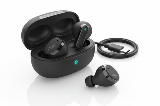 Premium wireless Bluetooth 5.3 earbuds with charging case, active noise cancellation, sleek black design, modern and elegant, professional product photography on white background